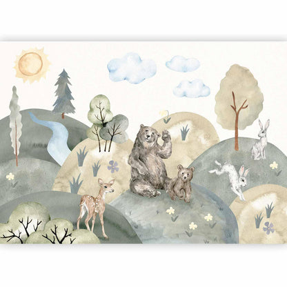 Fototapete - Green Hills - a Valley With Animals Painted in Watercolours Artgeist
