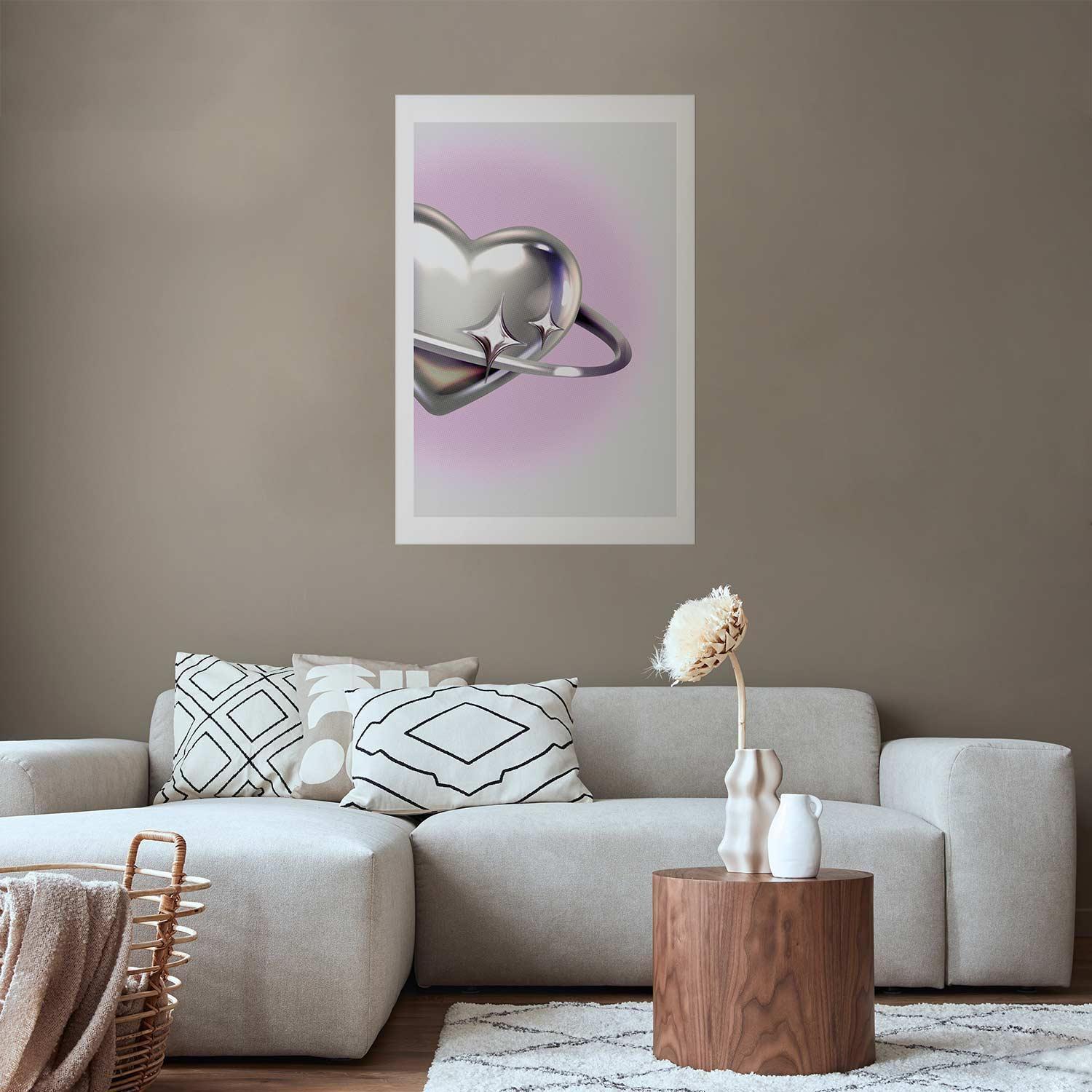 Silbernes Herz im Weltall – Wandposter in Lila-Tönen

