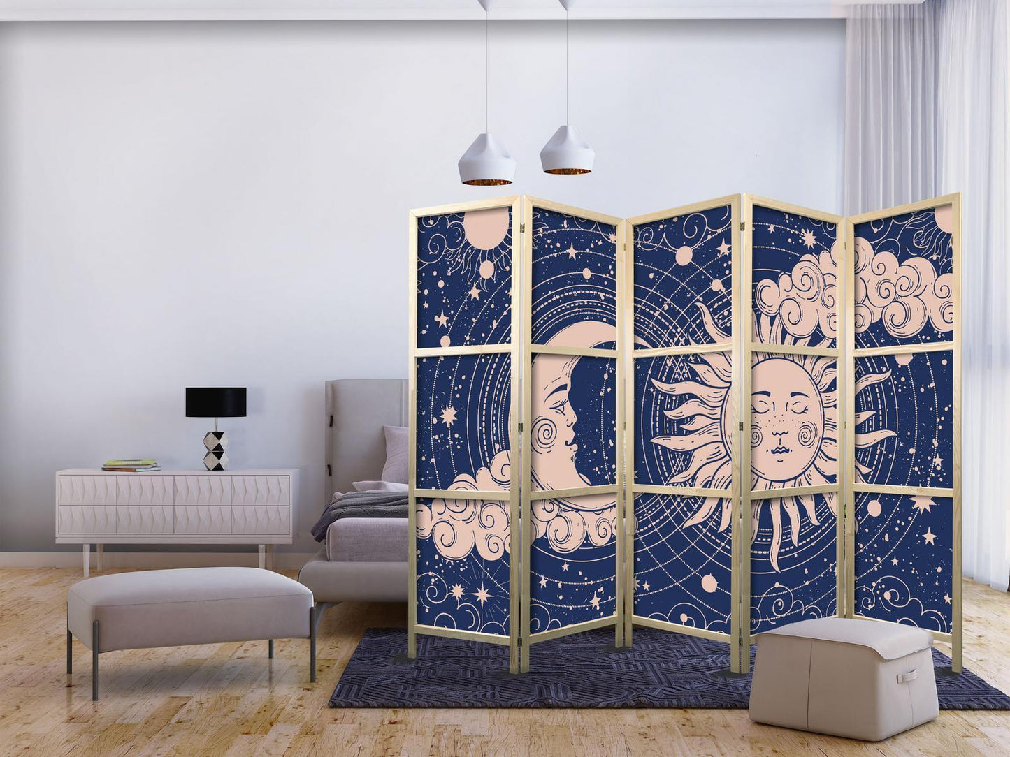 Japanischer Paravent - Cosmic Harmony - Illustration of the Sun and Moon on a Navy Background