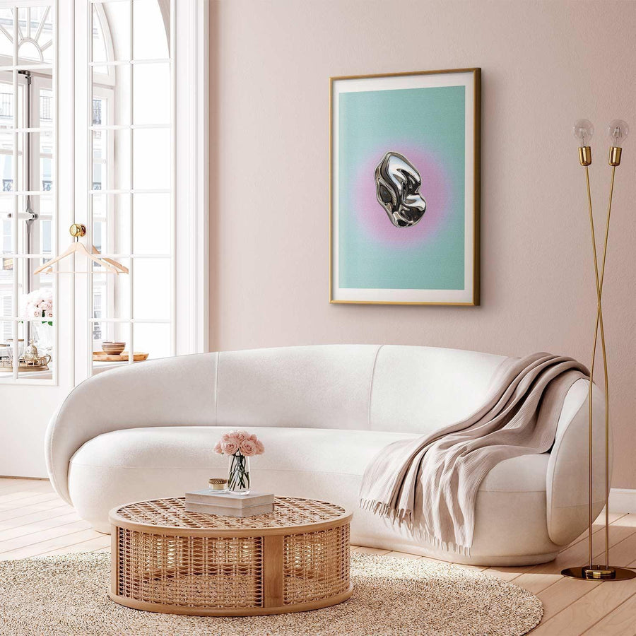 Poster - Metallic Form - abstract sculpture on a mint background with a purple halo Artgeist
