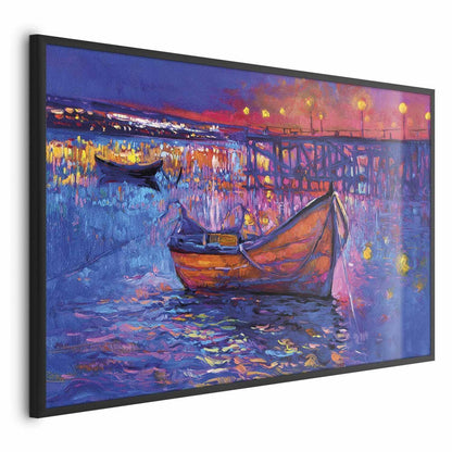 Poster - Modern impressionism - night landscape of a lake with a floating boat