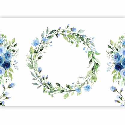 Fototapete - Romantic wreath - plant motif with blue flowers and leaves Artgeist