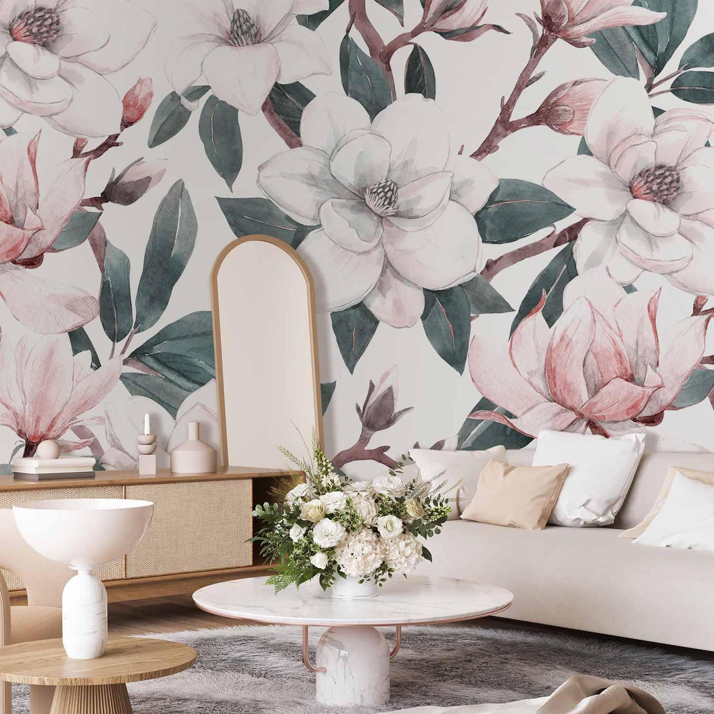 Fototapete "Aquarell Magnolien – Zweite Variante" – Elegante Blüten in sanften Farben