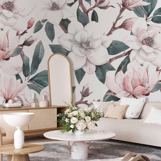 Fototapete "Aquarell Magnolien – Zweite Variante" – Elegante Blüten in sanften Farben