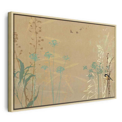 Leinwandbild - Tiny Bird - Colorful Grasses in Golden Shades of Sunset Artgeist