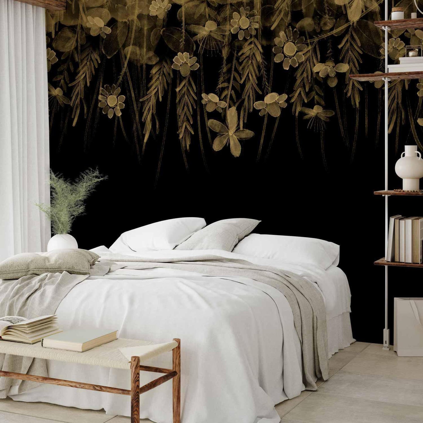 Fototapete - Nature landscape - black abstract nature motif with flowers in sepia