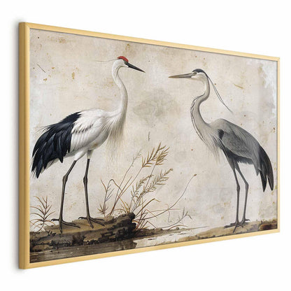 Poster - Birds from an Old Engraving - vintage-style illustration of a heron and a crane