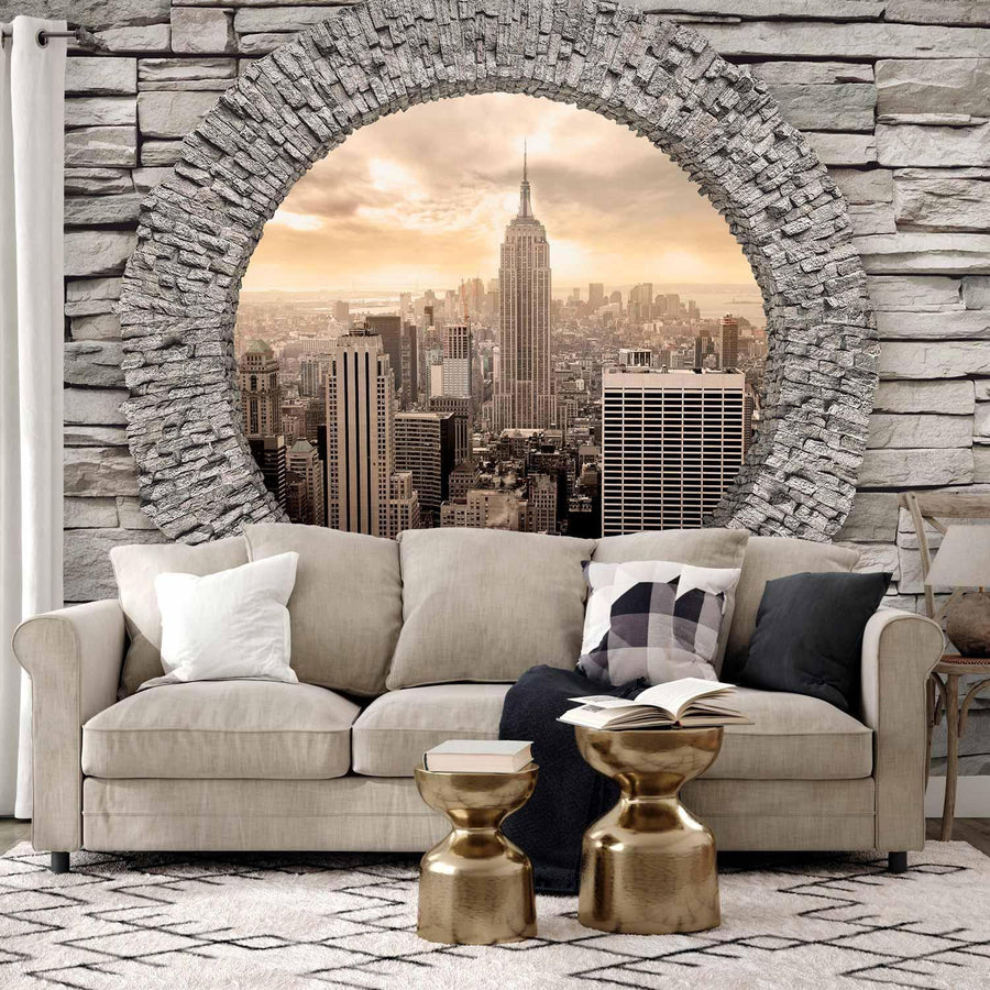 Fototapete Rundes Fenster mit Stadtblick – Urbanes Panorama in Steinoptik