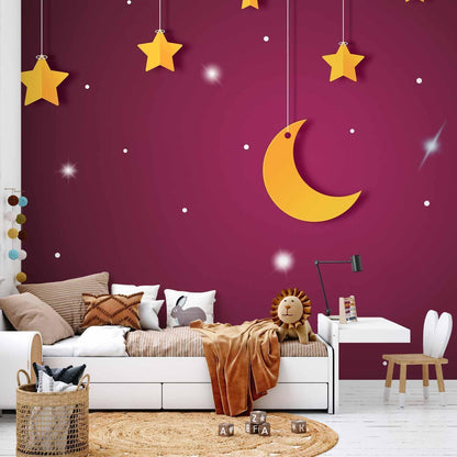 Fototapete - Skyline - violet night sky landscape with stars for children Artgeist