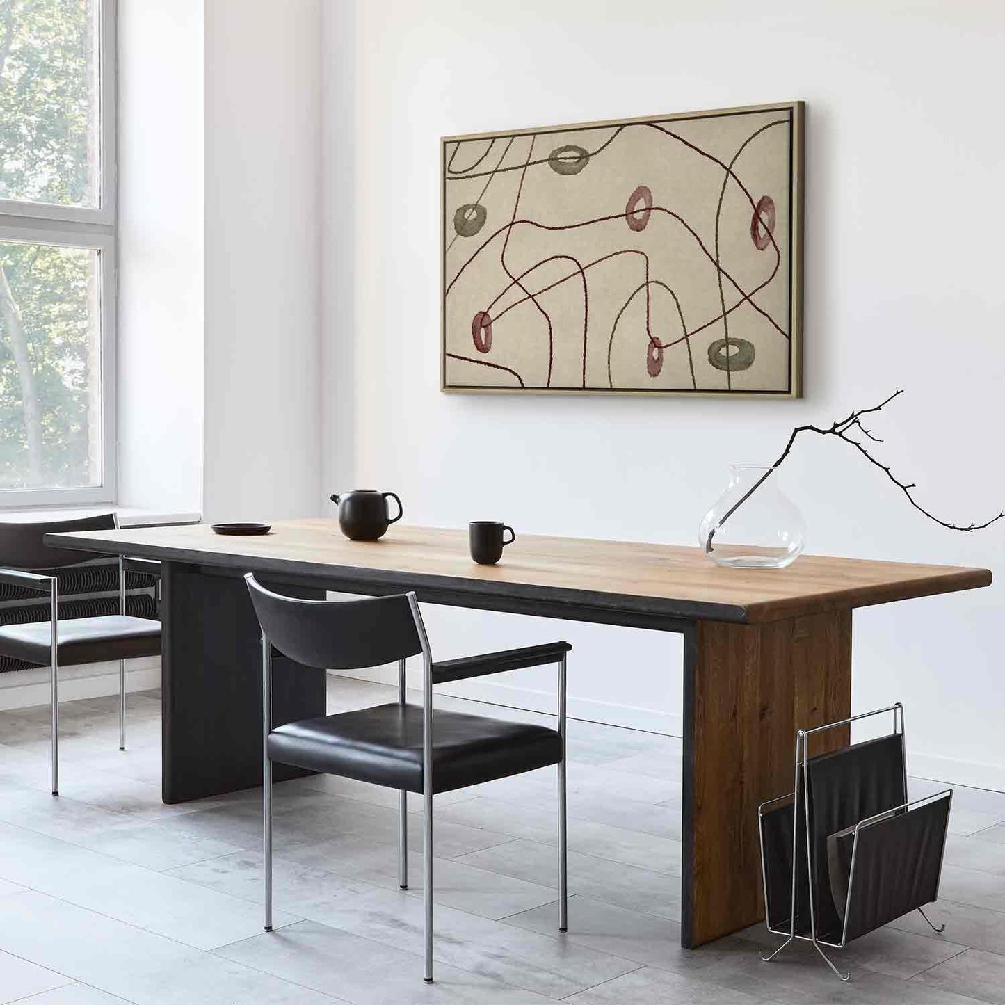 Leinwandbild - Lines and shapes – bead labyrinth on a pale washed background