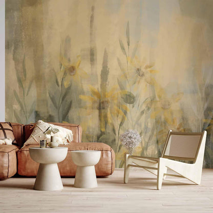 Fototapete - A touch of summer - floral motif with a meadow full of yellow flowers and grasses