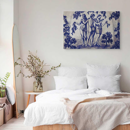 Leinwandbild - Ancient vineyard - three women in a portal painted with blue ink