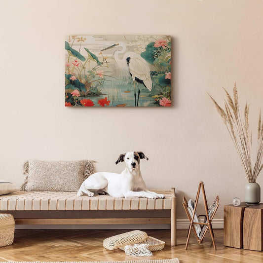 Leinwandbild - By an Asian pond - an illustration in the style of a Japanese engraving, depicting a heron