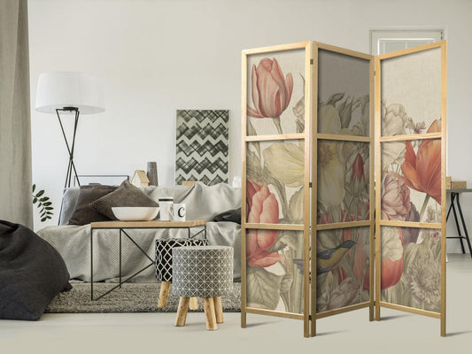 Japanischer Paravent - Bouquet with Tulips - Colorful Flowers on a Light Background - Illustration