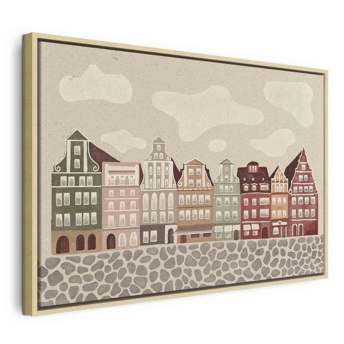 Leinwandbild - Salt Square - Colorful Illustrated Townhouses Against a Cloudy Sky Background