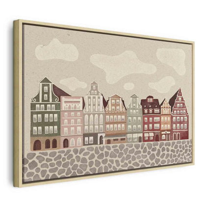Leinwandbild - Salt Square - Colorful Illustrated Townhouses Against a Cloudy Sky Background