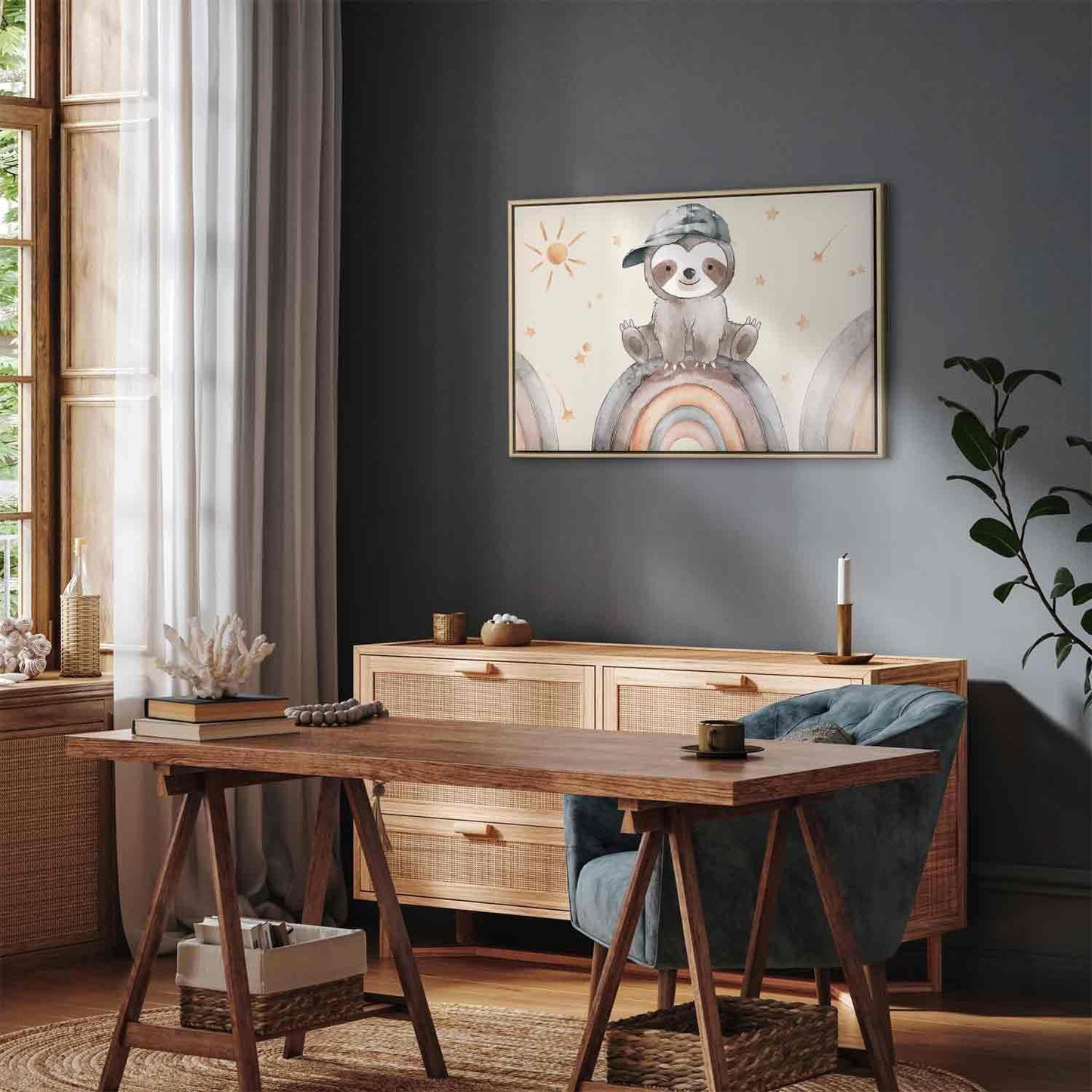Leinwandbild - Happy Sloth - Sloth in Subdued Colors Wearing a Cap Sitting on a Rainbow Among Little Stars Artgeist