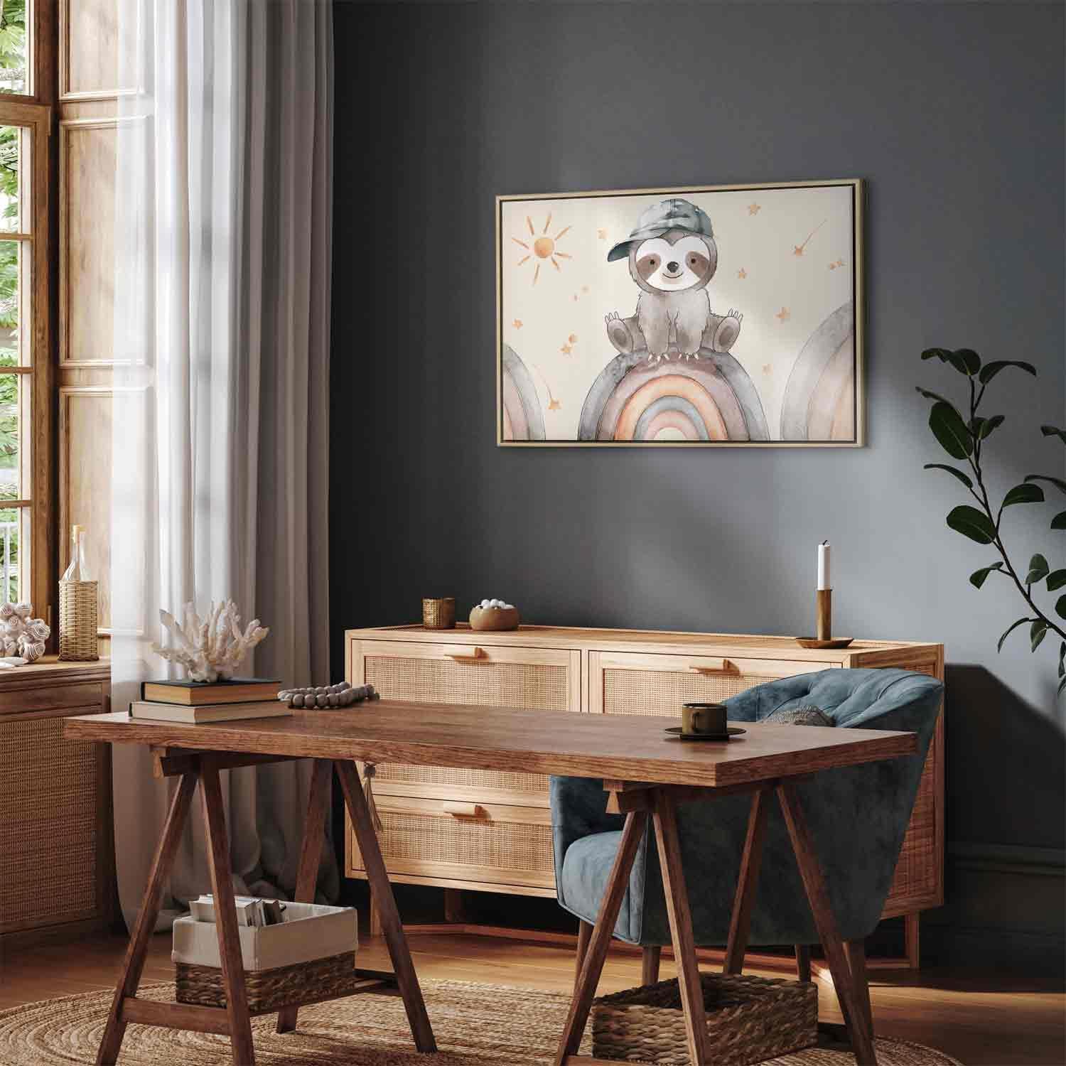 Leinwandbild - Happy Sloth - Sloth in Subdued Colors Wearing a Cap Sitting on a Rainbow Among Little Stars Artgeist
