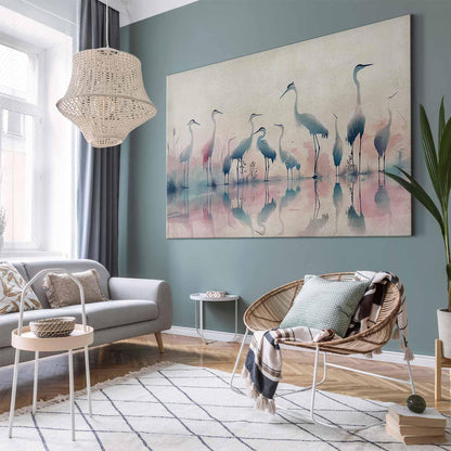 Wandbild XXL - Birds by the lake - herons painted in watercolour in delicate grey and pink colours