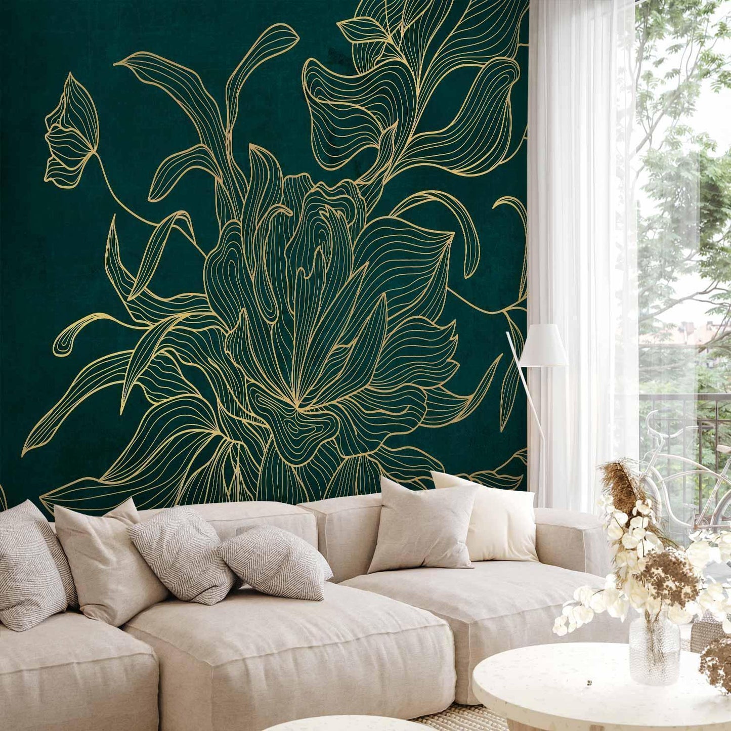 Fototapete - Green boudoir - linear drawing of a flower in golden colours on a dark background