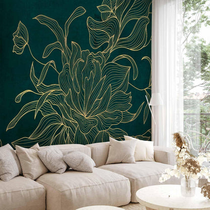 Fototapete - Green boudoir - linear drawing of a flower in golden colours on a dark background