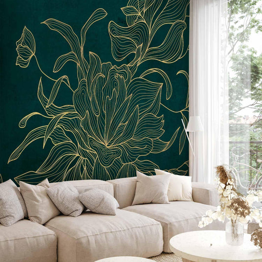 Fototapete - Green boudoir - linear drawing of a flower in golden colours on a dark background