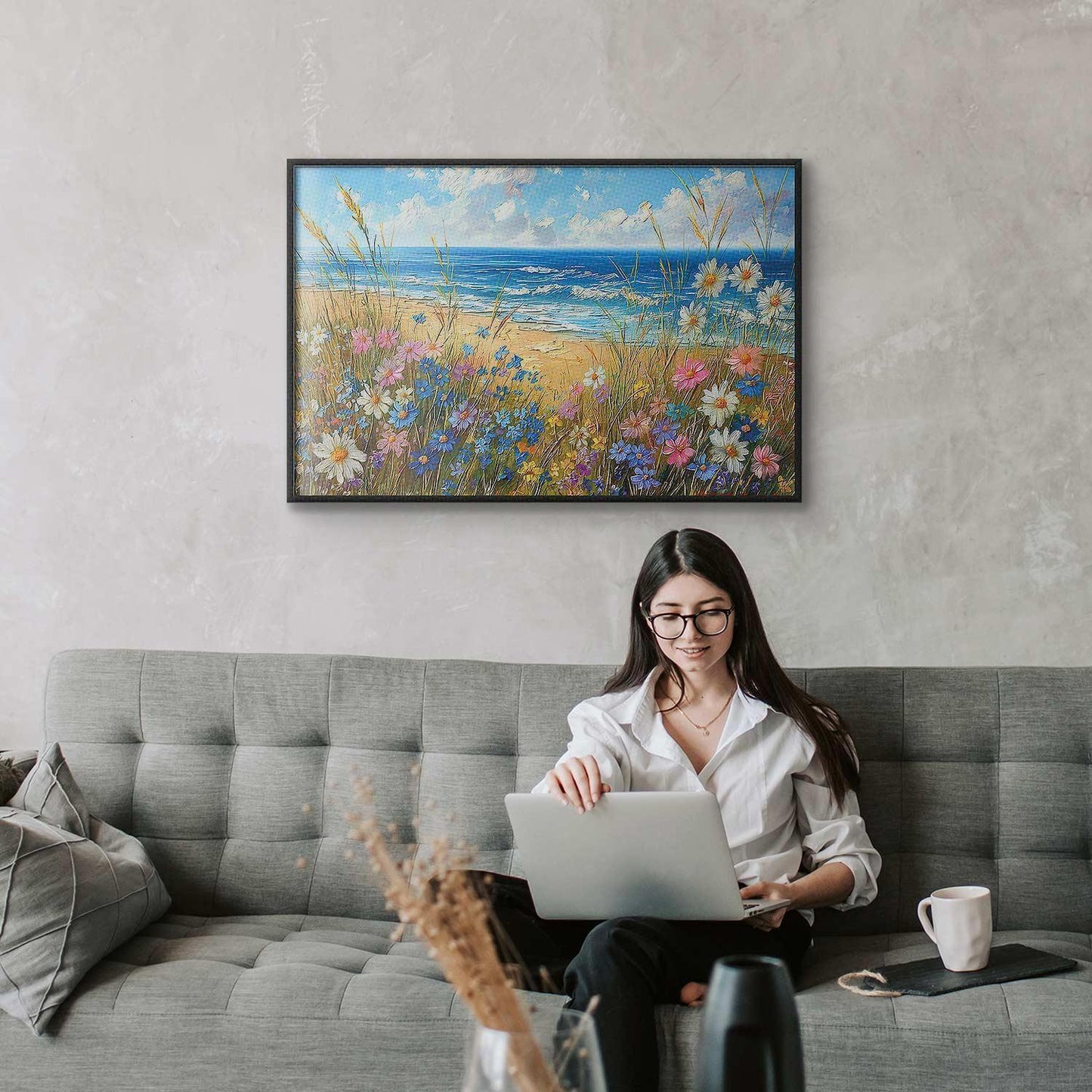 Poster - Seascape – wildflowers and a view of the rough sea