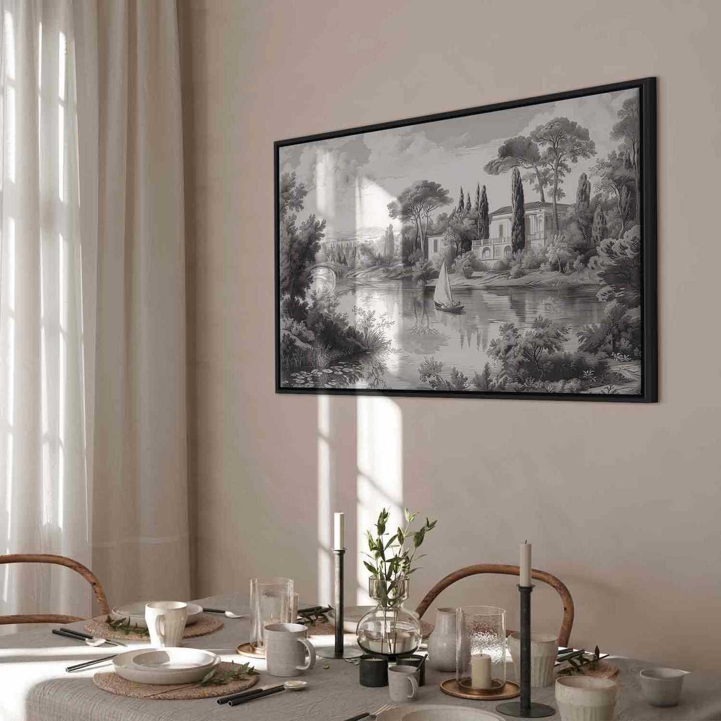 Leinwandbild - Black and White Vintage Landscape Retro View of a Pond with a Boat