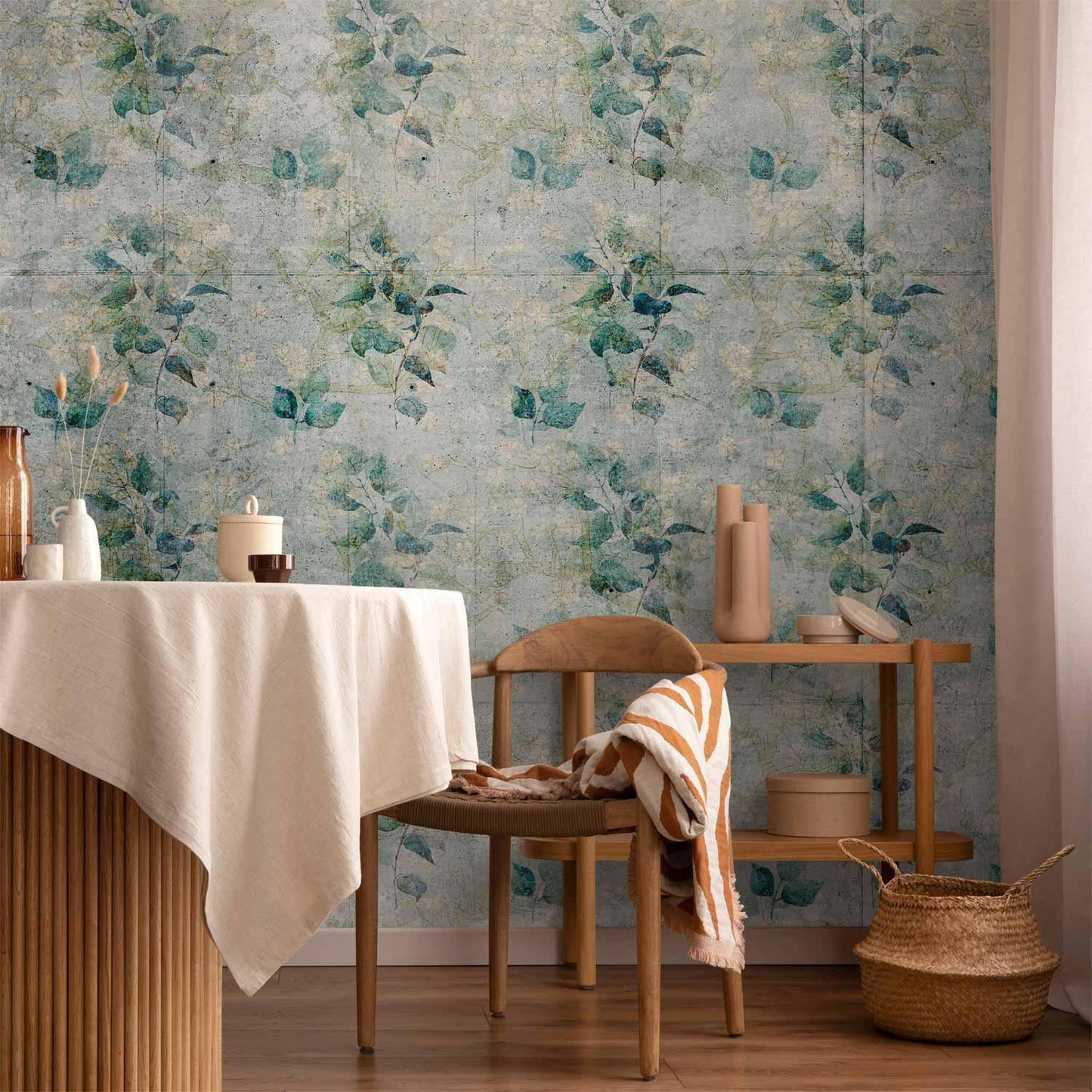 Fototapete - Mint tones - green leaf bouquets on a retro patterned background