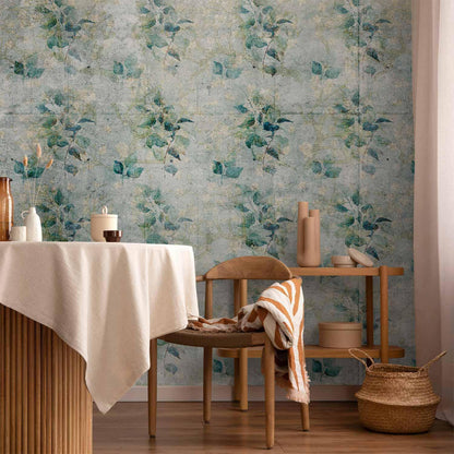 Fototapete - Mint tones - green leaf bouquets on a retro patterned background