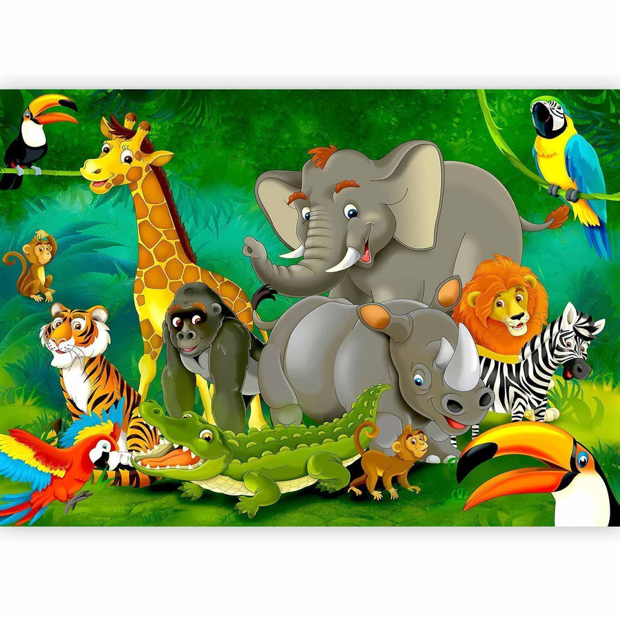 Fototapete mit Löwe, Giraffe und Elefant in farbenfrohem Design
