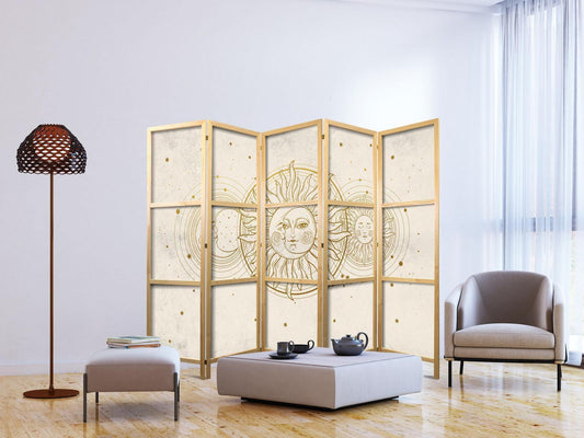 Japanischer Paravent - Golden Sun and Moon - Artistic Illustration in Retro Style