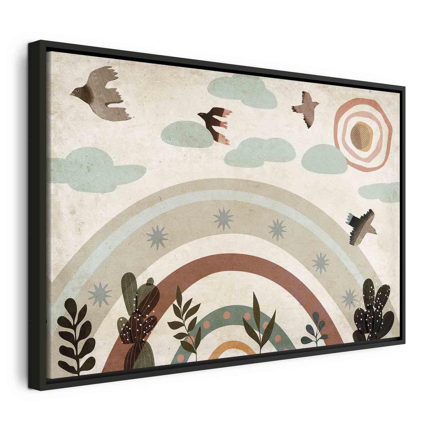 Leinwandbild - Rainbow and Sun Above - Birds in Subdued Colors Flying Among Clouds Above a Rainbow and Various Plants on a Light Background