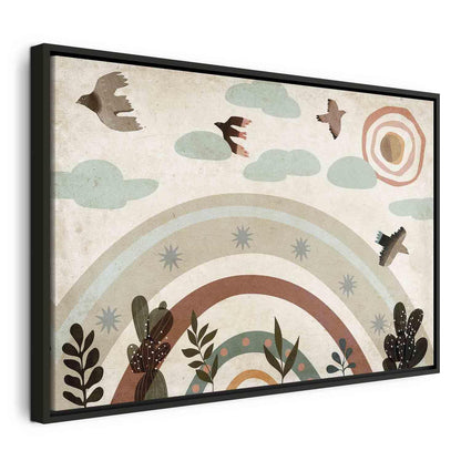 Leinwandbild - Rainbow and Sun Above - Birds in Subdued Colors Flying Among Clouds Above a Rainbow and Various Plants on a Light Background