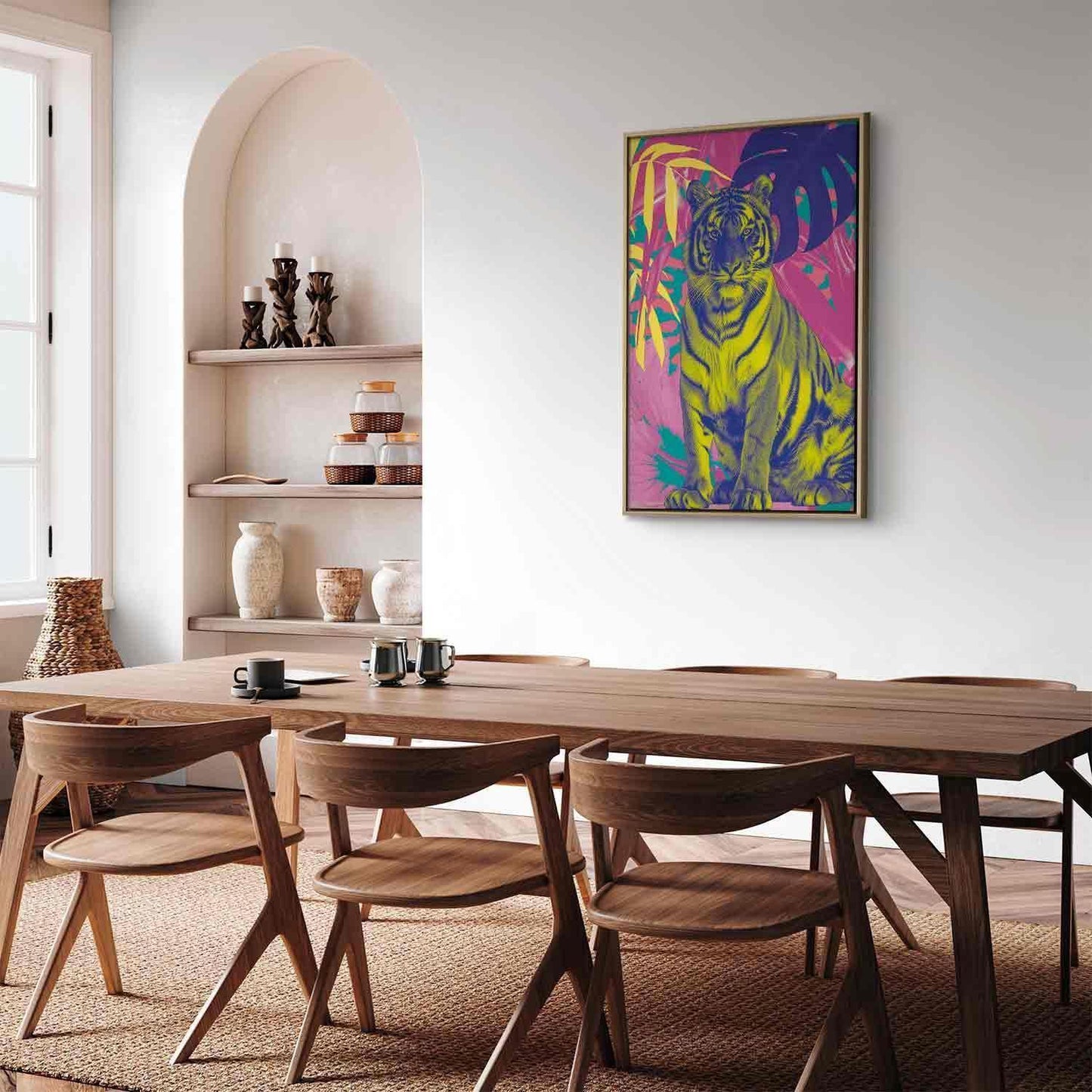 Leinwandbild - Colorful Tiger - Intense Colors of a Tiger Surrounded by Tropical Plants