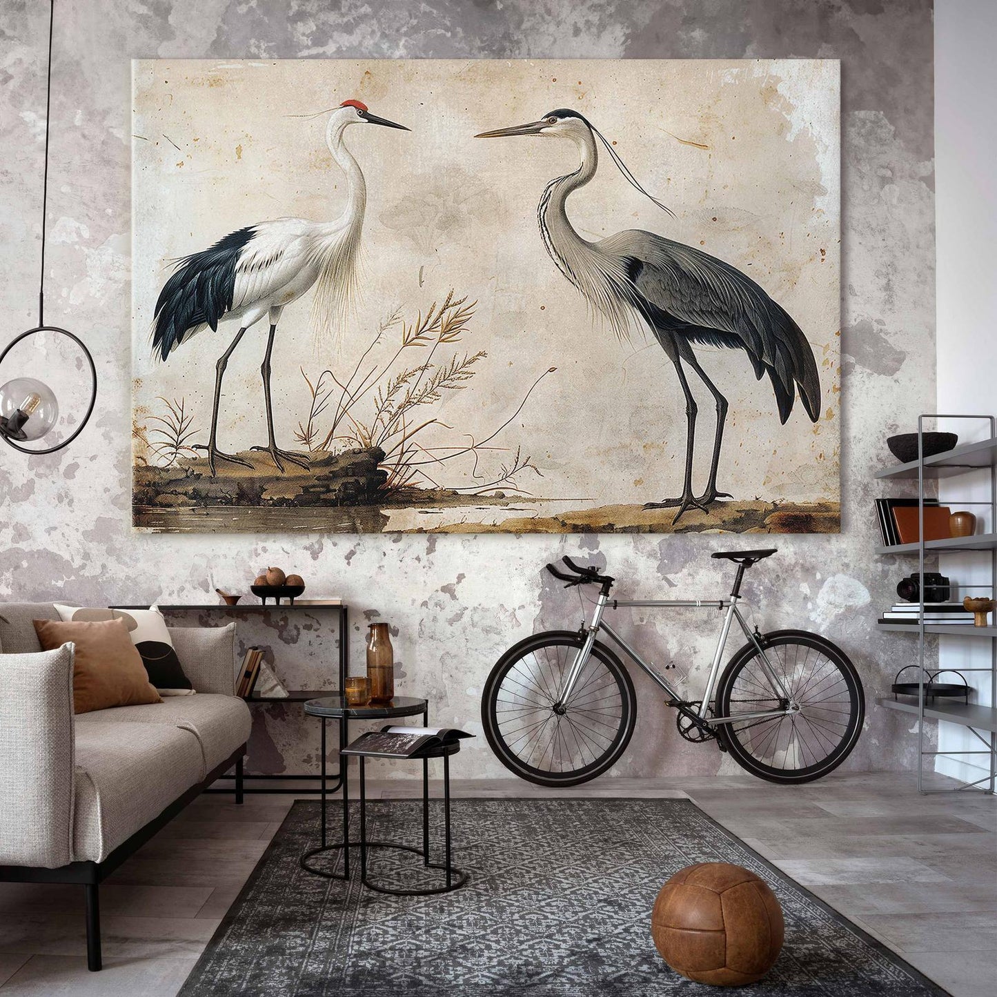Wandbild XXL - Birds from an old engraving - vintage-style illustration depicting a heron and a crane