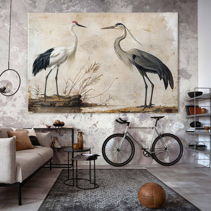 Wandbild XXL - Birds from an old engraving - vintage-style illustration depicting a heron and a crane
