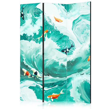 Paravent - Koi Fish Among Waves - Japanese Fish Among Waves in Shades of Turquoise And White Artgeist