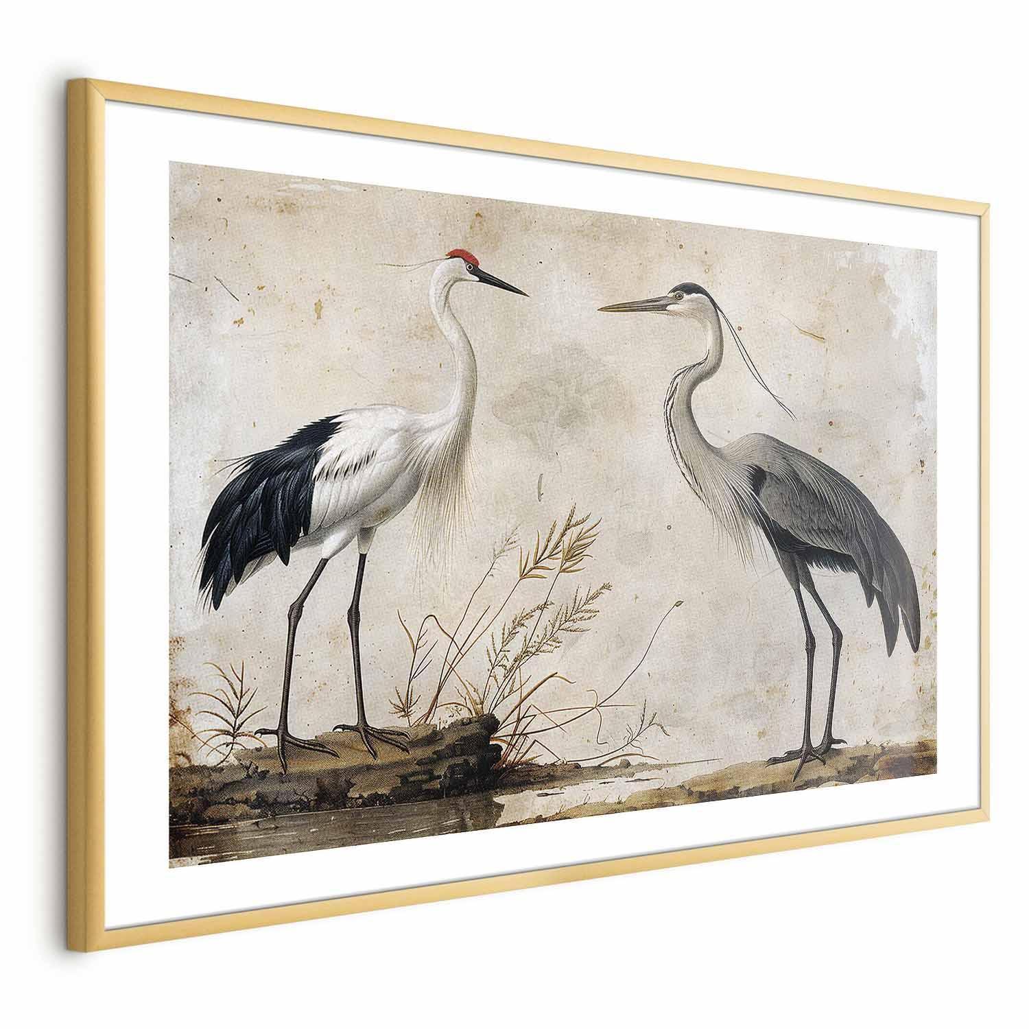 Poster - Birds from an Old Engraving - vintage-style illustration of a heron and a crane Artgeist