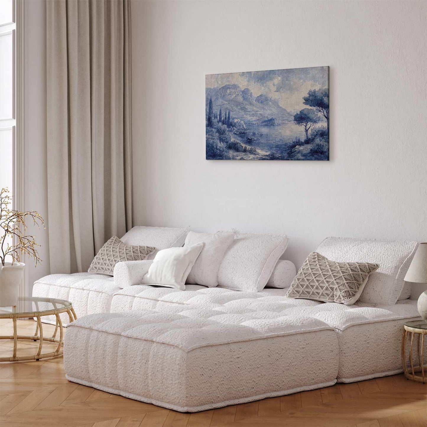 Leinwandbild - Blue Bay - Italian landscape of Lake Como painted with blue ink