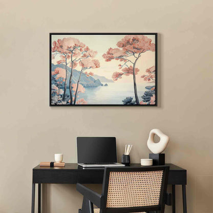 Leinwandbild - Landscape with the Ocean Cliffs and Trees in Delicate Pink Shades