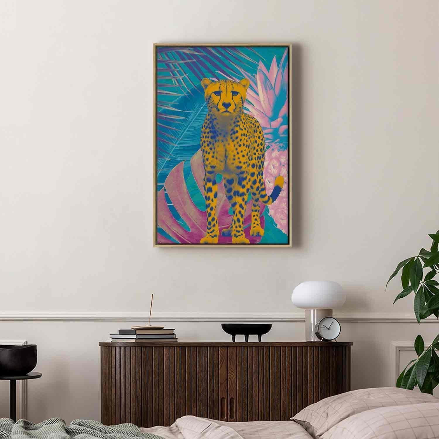 Leinwandbild - Exotic Leopard - Colorful Portrait of a Cheetah Against Tropical Leaves Artgeist