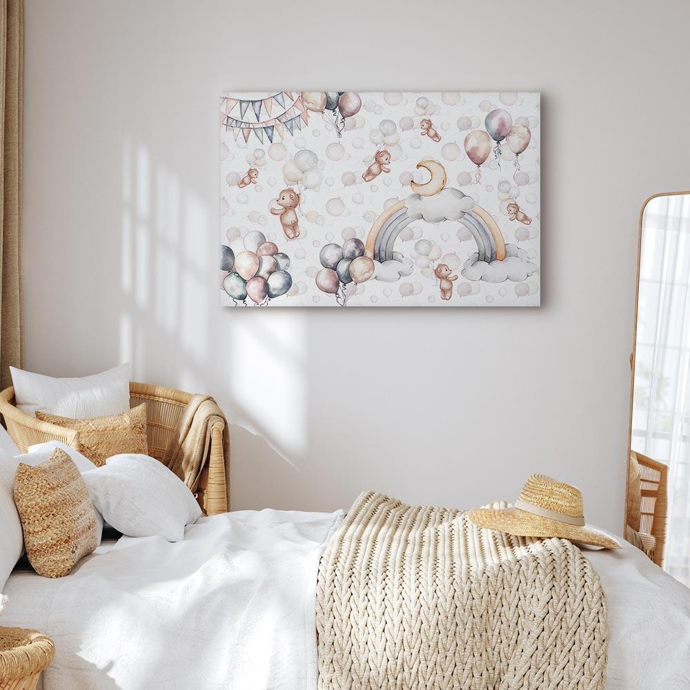 Leinwandbild - Toy Bears with Balloons - Flying Plush Bears Among Balloons Clouds and Rainbows in Subtle Pastel Hues