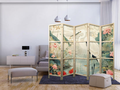 Japanischer Paravent - By an Asian pond - an illustration in the style of a Japanese engraving, depicting a heron