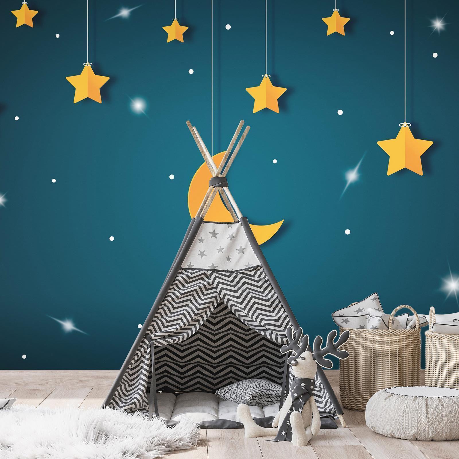 Fototapete - Skyline - turquoise night sky landscape with stars for children Artgeist