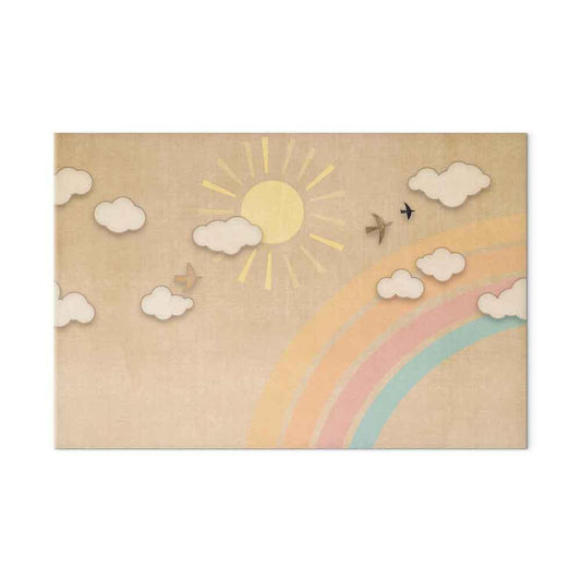 Leinwandbild - Holiday Sky - Sunny Day with a Rainbow and Flying Birds