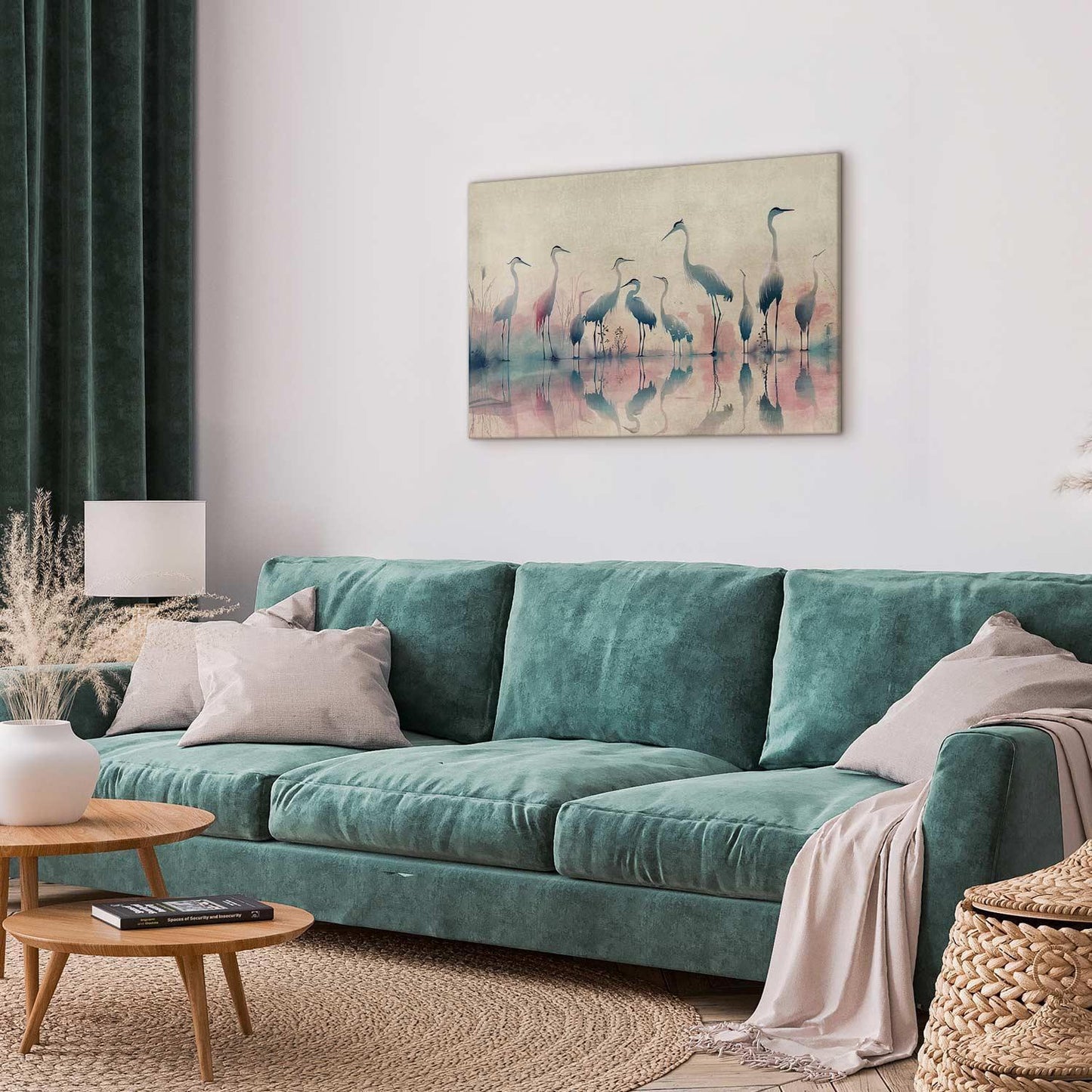 Leinwandbild - Birds by the lake - herons painted in watercolour in delicate grey and pink colours