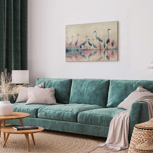 Leinwandbild - Birds by the lake - herons painted in watercolour in delicate grey and pink colours