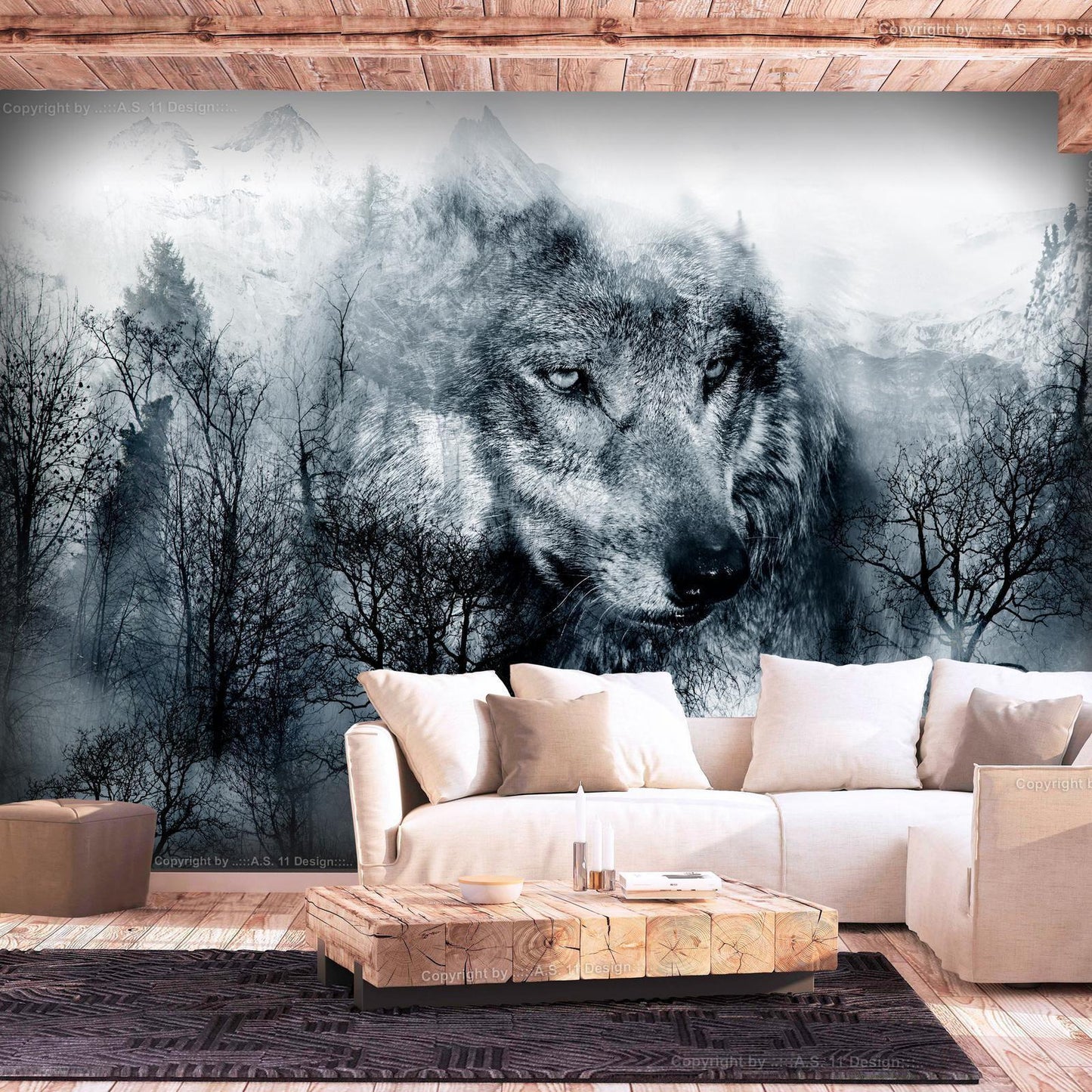 Fototapete Bergraubtier schwarz-weiß Wolf Wandbild