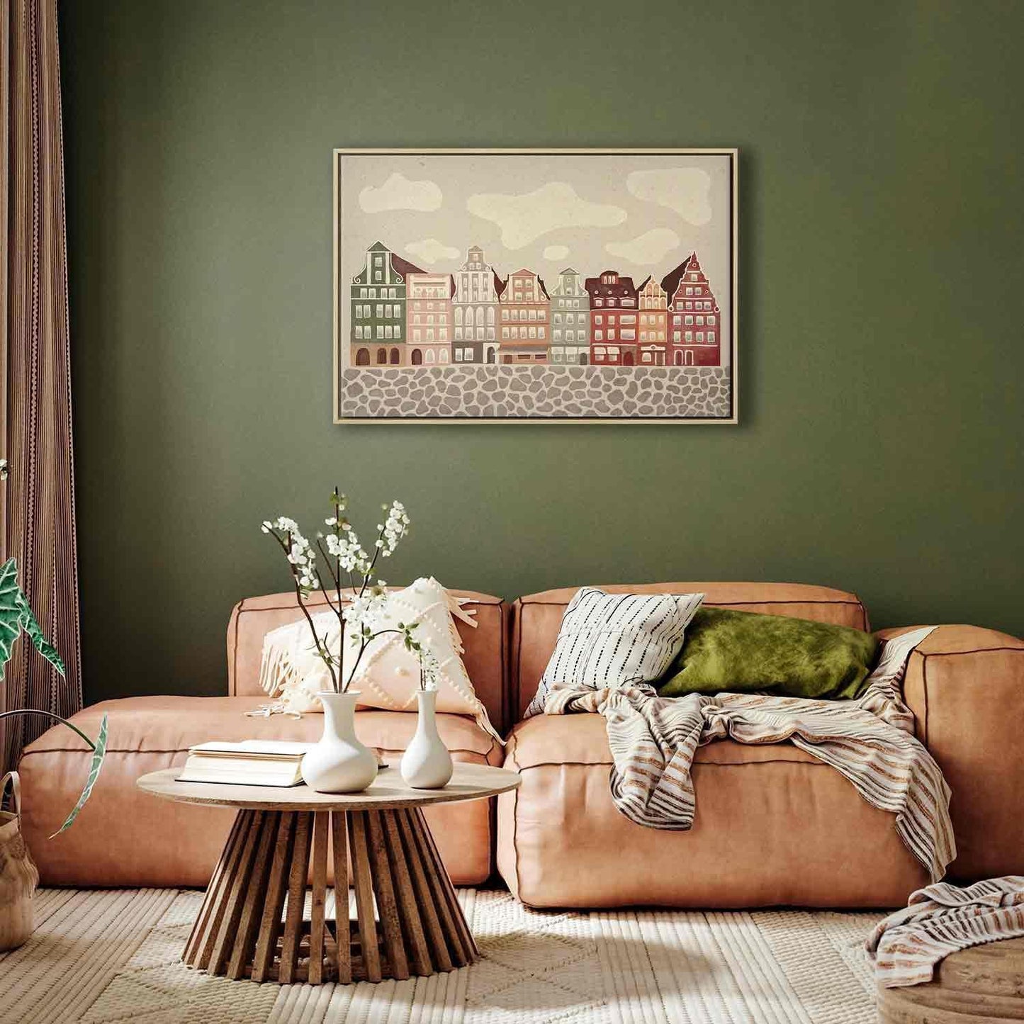 Leinwandbild - Salt Square - Colorful Illustrated Townhouses Against a Cloudy Sky Background